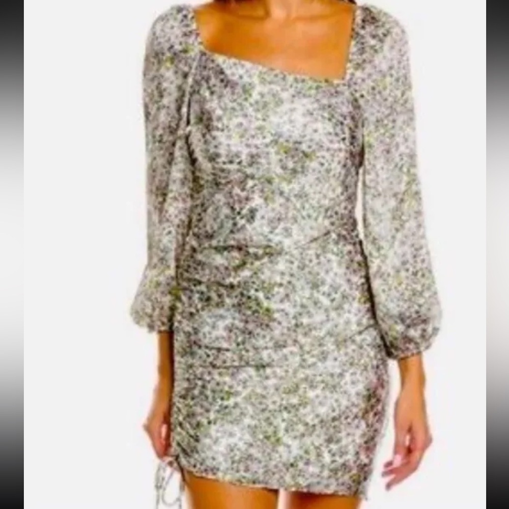 BCBG Generation Black Floral V-Neck Dress Womens Size L Long Sleeve Ruching